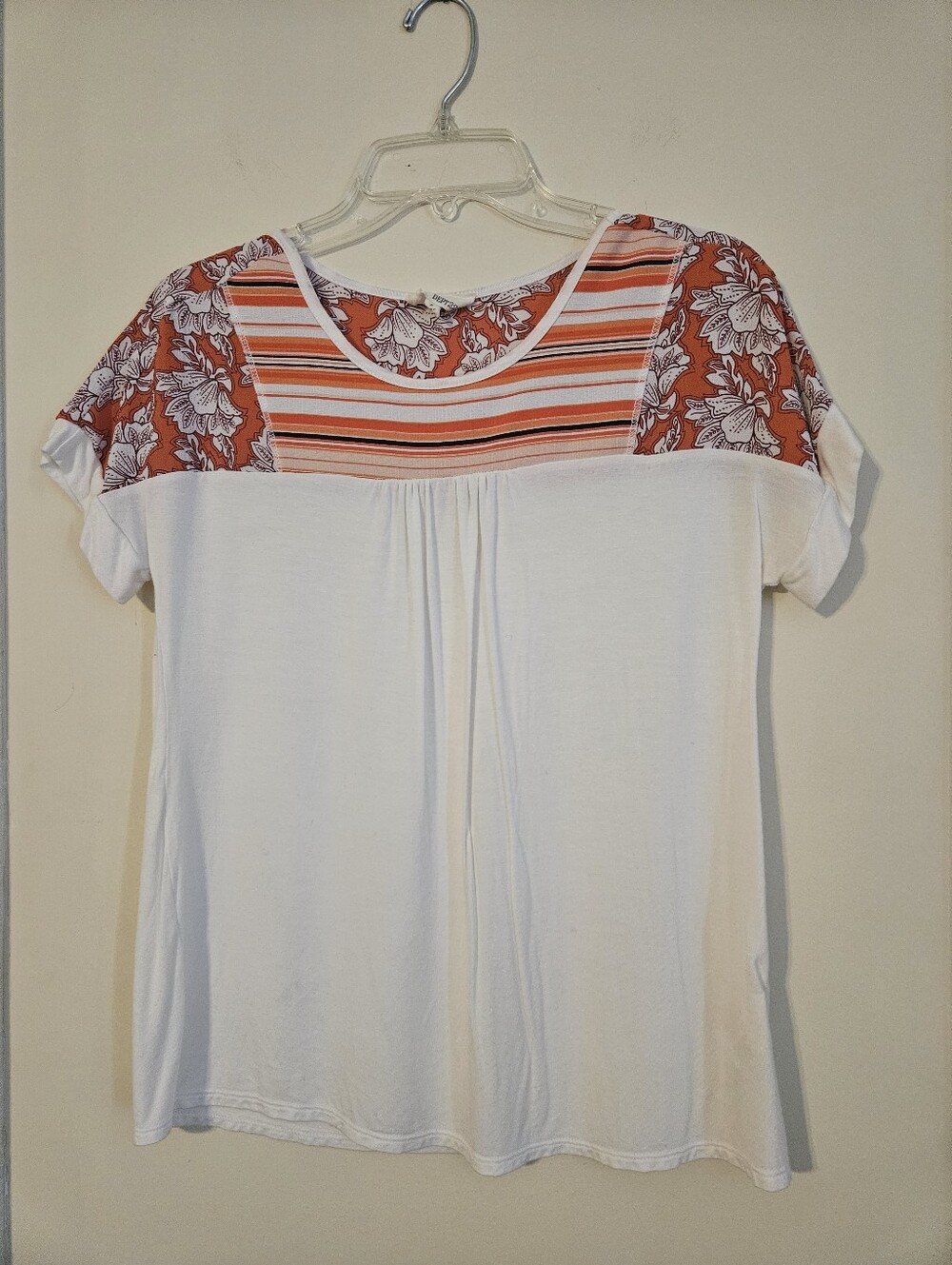 Dept 222 White Shirt With Vibrant Orange Floral & Striped Design On Top